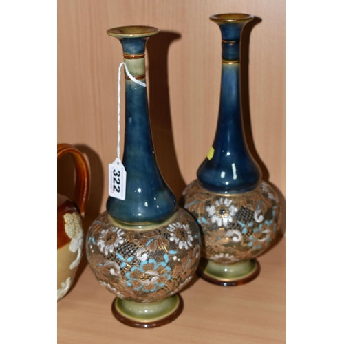 322 - A PAIR OF DOULTON LAMBETH SLATER'S PATENT VASES AND A DOULTON LAMBETH HARVEST JUG, each vase with a ... 