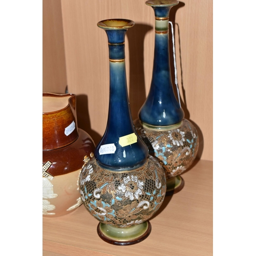 322 - A PAIR OF DOULTON LAMBETH SLATER'S PATENT VASES AND A DOULTON LAMBETH HARVEST JUG, each vase with a ... 