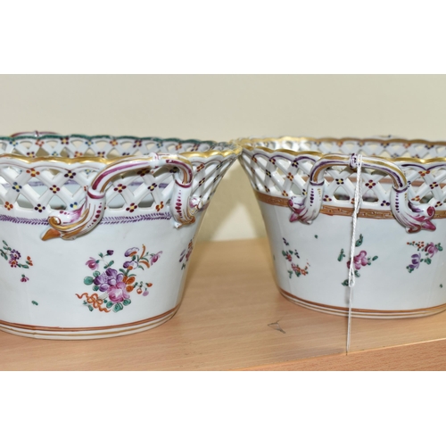 323 - TWO LATE 19TH / EARLY 20TH CENTURY CONTINENTAL PORCELAIN TWIN HANDLED CIRCULAR POLYCHROME CACHE POTS... 