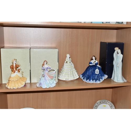 329 - FOUR COALPORT LADY FIGURES, TWO BOXED AND A BOXED ROYAL WORCESTER FIGURE GROUP 'HAPPY ANNIVERSARY' f... 