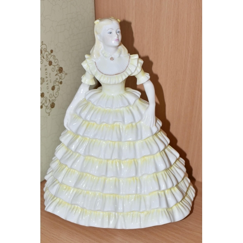 329 - FOUR COALPORT LADY FIGURES, TWO BOXED AND A BOXED ROYAL WORCESTER FIGURE GROUP 'HAPPY ANNIVERSARY' f... 