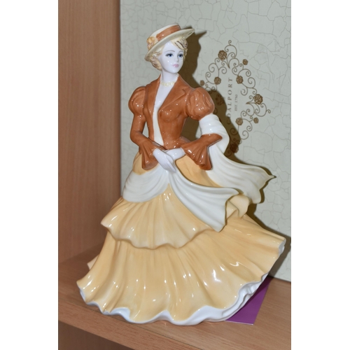 329 - FOUR COALPORT LADY FIGURES, TWO BOXED AND A BOXED ROYAL WORCESTER FIGURE GROUP 'HAPPY ANNIVERSARY' f... 