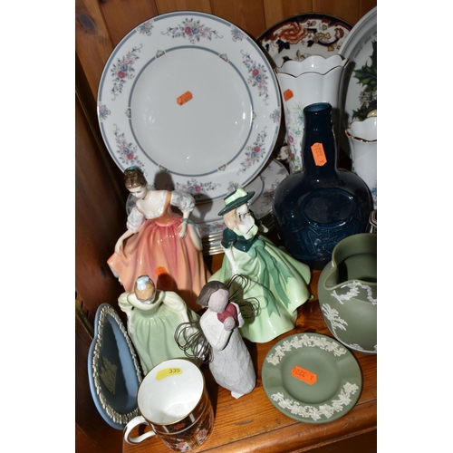 335 - A GROUP OF ASSORTED CERAMICS INCLUDING FOUR PIECES OF GREEN WEDGWOOD JASPERWARE, a Royal Crown Derby... 