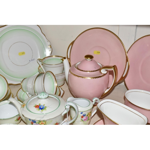 339 - THREE TEA SETS BY NORITAKE, ROYAL DOULTON AND BELL CHINA, the Noritake being a tea for two set decor... 