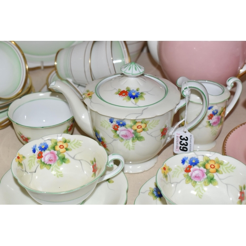 339 - THREE TEA SETS BY NORITAKE, ROYAL DOULTON AND BELL CHINA, the Noritake being a tea for two set decor... 