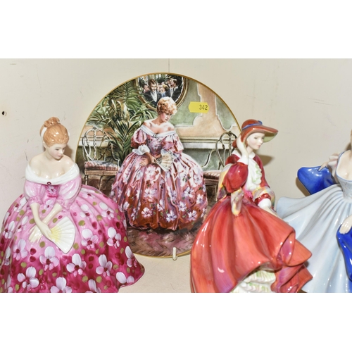 342 - SIX ROYAL DOULTON LADY FIGURES AND A COLLECTORS PLATE, comprising 'Penelope' HN1901, 'Elyse' HN2429,... 