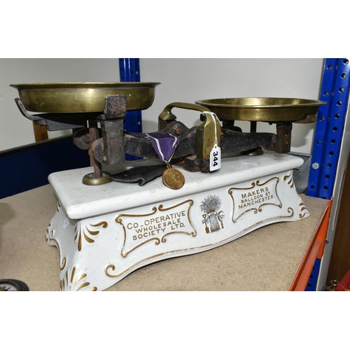 344 - A SET OF VICTORIAN CO-OPERATIVE WHOLESALE SOCIETY CREAMWARE SCALES, A CWS MEDAL, OTHER SCALES AND WE... 