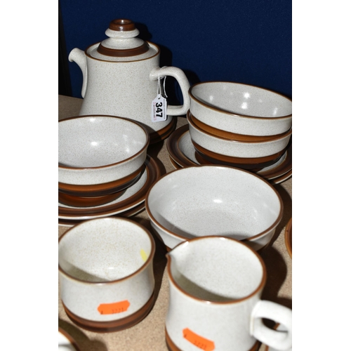 347 - A TWENTY EIGHT PIECE DENBY 'POTTER'S WHEEL (TAN CENTRE)' BREAKFAST SET, comprising a teapot, a coffe... 