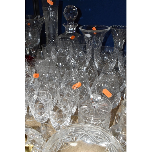 348 - A COLLECTION OF CUT CRYSTAL AND OTHER GLASS WARES, to include a large Royal Brierley vase with scall... 