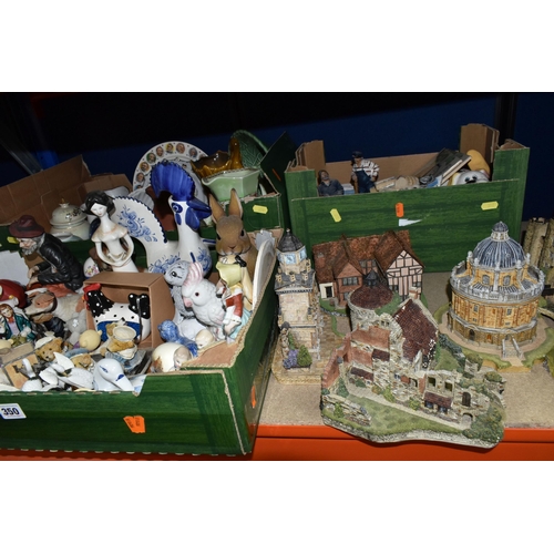 350 - THREE BOXES AND LOOSE CERAMICS AND ORNAMENTS, to include a Belleek dish in the form of a rowing boat... 