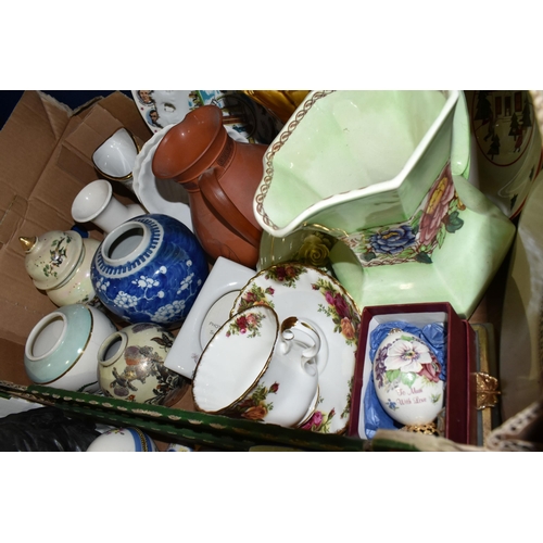 350 - THREE BOXES AND LOOSE CERAMICS AND ORNAMENTS, to include a Belleek dish in the form of a rowing boat... 