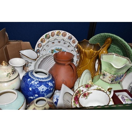 350 - THREE BOXES AND LOOSE CERAMICS AND ORNAMENTS, to include a Belleek dish in the form of a rowing boat... 