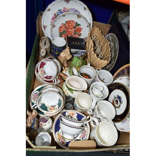 358 - A BOX OF CERAMICS, to include three Royal Albert 'The Queen Mother's Favourite Flowers' plates: 'Eli... 