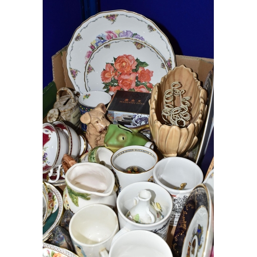 358 - A BOX OF CERAMICS, to include three Royal Albert 'The Queen Mother's Favourite Flowers' plates: 'Eli... 