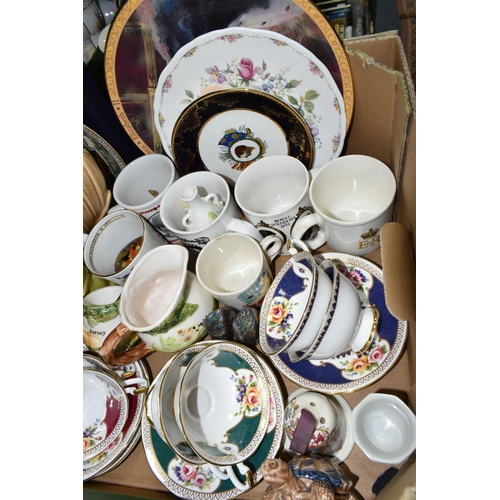 358 - A BOX OF CERAMICS, to include three Royal Albert 'The Queen Mother's Favourite Flowers' plates: 'Eli... 