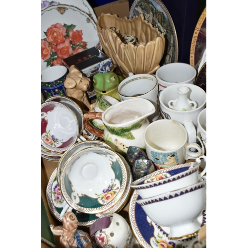 358 - A BOX OF CERAMICS, to include three Royal Albert 'The Queen Mother's Favourite Flowers' plates: 'Eli... 