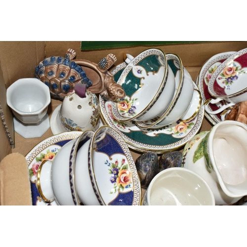 358 - A BOX OF CERAMICS, to include three Royal Albert 'The Queen Mother's Favourite Flowers' plates: 'Eli... 