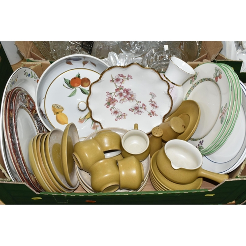 361 - FOUR BOXES OF CERAMICS AND GLASS WARES, to include a twenty four piece Denby 'Ode' part dinner servi... 