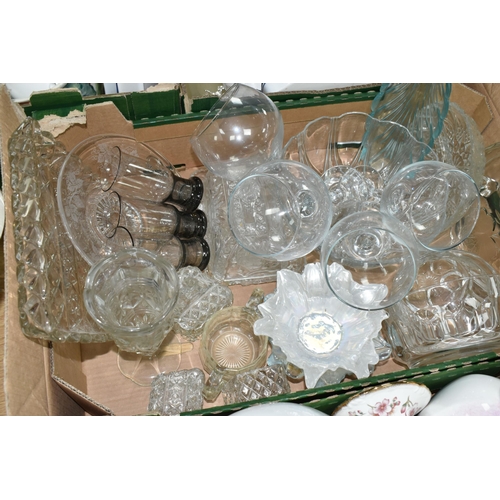 361 - FOUR BOXES OF CERAMICS AND GLASS WARES, to include a twenty four piece Denby 'Ode' part dinner servi... 