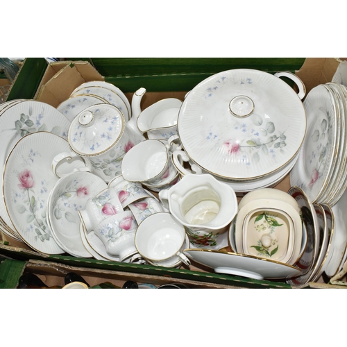 361 - FOUR BOXES OF CERAMICS AND GLASS WARES, to include a twenty four piece Denby 'Ode' part dinner servi... 