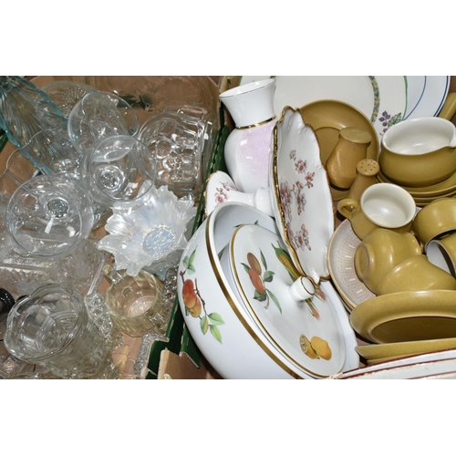 361 - FOUR BOXES OF CERAMICS AND GLASS WARES, to include a twenty four piece Denby 'Ode' part dinner servi... 