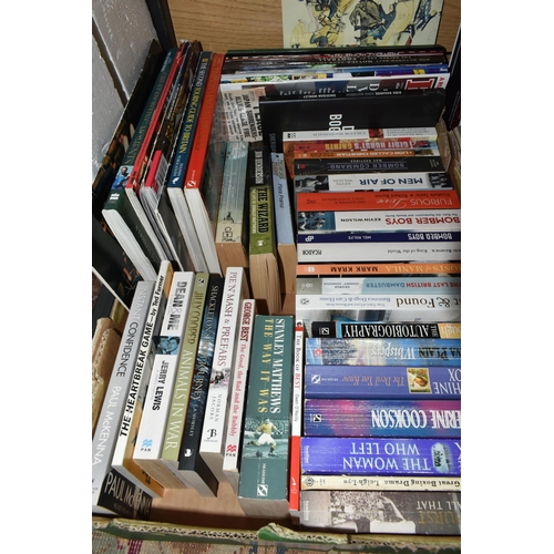 362 - FOUR BOXES OF BOOKS, over one hundred titles in hardback and paperback formats, to include military ... 