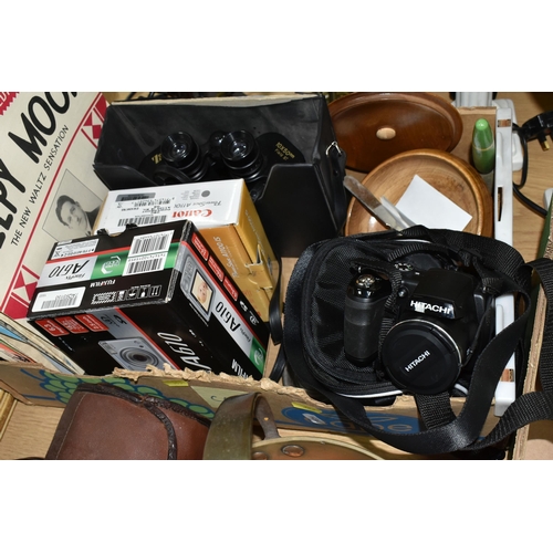 363 - TWO BOXES AND LOOSE LAMPS, CAMERAS AND SUNDRY ITEMS, to include five modern table lamps with shades,... 