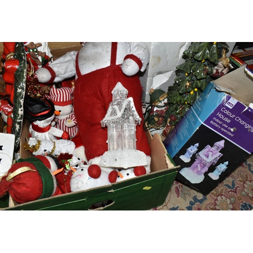 365 - THREE BOXES AND LOOSE CHRISTMAS DECORATIONS, items appear largely modern, to include a boxed 'LED Co... 