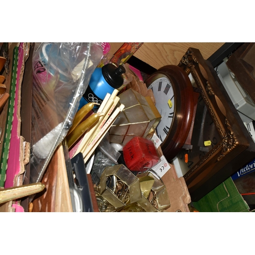 366 - SIX BOXES AND LOOSE METALWARE, CUTLERY, HANDBAGS, HOUSEHOLD SUNDRIES, PHOTOGRAPH FRAMES AND PICTURES... 