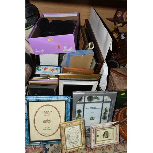 366 - SIX BOXES AND LOOSE METALWARE, CUTLERY, HANDBAGS, HOUSEHOLD SUNDRIES, PHOTOGRAPH FRAMES AND PICTURES... 