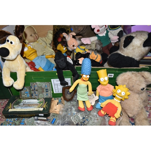 369 - TWO BOXES OF SOFT TOYS PLASTIC DOLLS, PLASTIC 'THE SIMPSONS' CHARACTERS, ETC, including E.T., Wallac... 