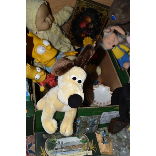 369 - TWO BOXES OF SOFT TOYS PLASTIC DOLLS, PLASTIC 'THE SIMPSONS' CHARACTERS, ETC, including E.T., Wallac... 