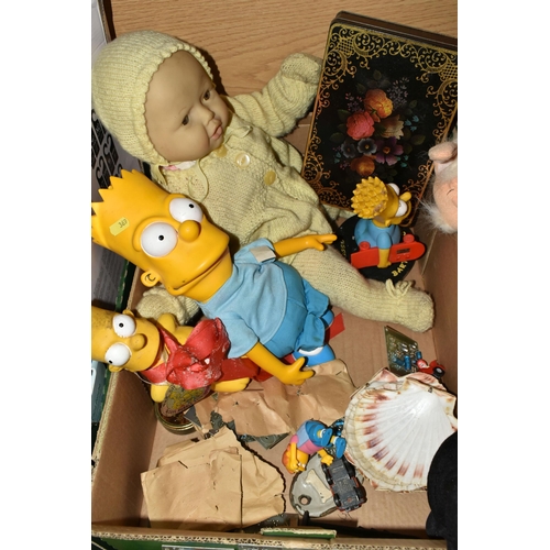 369 - TWO BOXES OF SOFT TOYS PLASTIC DOLLS, PLASTIC 'THE SIMPSONS' CHARACTERS, ETC, including E.T., Wallac... 