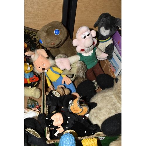 369 - TWO BOXES OF SOFT TOYS PLASTIC DOLLS, PLASTIC 'THE SIMPSONS' CHARACTERS, ETC, including E.T., Wallac... 