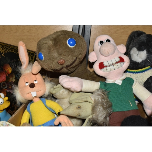 369 - TWO BOXES OF SOFT TOYS PLASTIC DOLLS, PLASTIC 'THE SIMPSONS' CHARACTERS, ETC, including E.T., Wallac... 