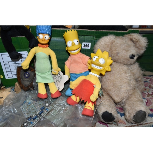 369 - TWO BOXES OF SOFT TOYS PLASTIC DOLLS, PLASTIC 'THE SIMPSONS' CHARACTERS, ETC, including E.T., Wallac... 