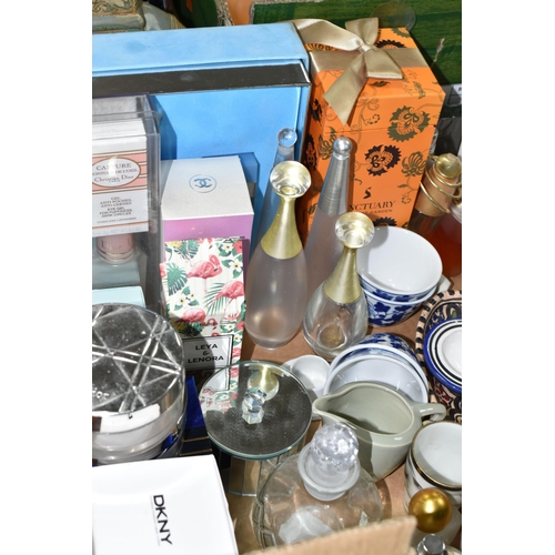 370 - THREE BOXES AND LOOSE GLASSWARE, OWL AND OTHER ORNAMENTS, FRAGRANCE AND MAKE UP, EMPTY PERFUME BOTTL... 