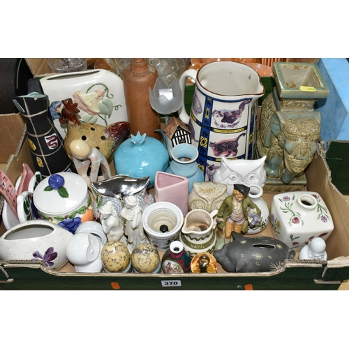 370 - THREE BOXES AND LOOSE GLASSWARE, OWL AND OTHER ORNAMENTS, FRAGRANCE AND MAKE UP, EMPTY PERFUME BOTTL... 