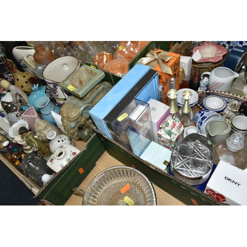 370 - THREE BOXES AND LOOSE GLASSWARE, OWL AND OTHER ORNAMENTS, FRAGRANCE AND MAKE UP, EMPTY PERFUME BOTTL... 