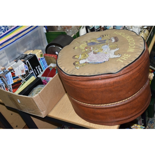 371 - A BOX AND LOOSE WOODENTOPS FOOTSTOOL, POSTCARDS, COINS, NEWSPAPERS AND SUNDRY ITEMS, to include a cy... 