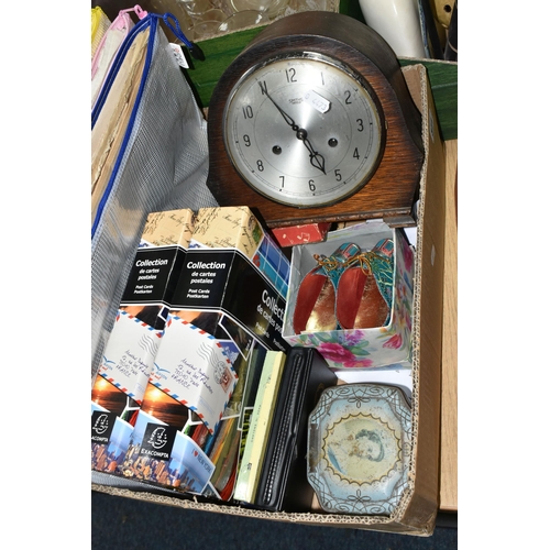 371 - A BOX AND LOOSE WOODENTOPS FOOTSTOOL, POSTCARDS, COINS, NEWSPAPERS AND SUNDRY ITEMS, to include a cy... 