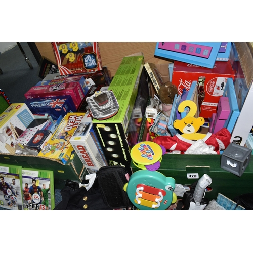 372 - TWO BOXES AND LOOSE OF BOARD GAMES, etc, including XBOX 360 FIFA 13 and FIFA 14, board games include... 