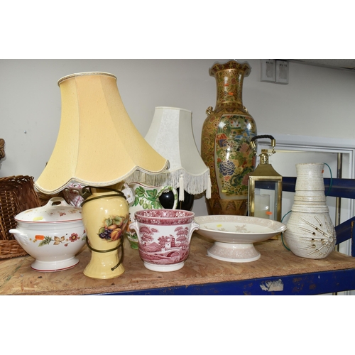 373 - A GROUP OF LAMPS, LANTERN, VASE AND OTHER LARGE CERAMICS, to include an Aynsley Orchard Gold table l... 