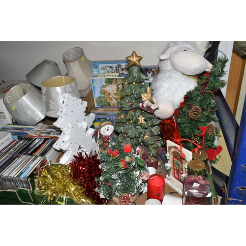 375 - THREE BOXES AND LOOSE TABLE LAMPS, SEWING MACHINE, CDS, DVDS, CHRISTMAS DECORATIONS AND SUNDRY ITEMS... 