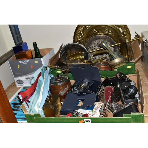 376 - THREE BOXES AND LOOSE METAL WARES, CAMERAS AND SUNDRY ITEMS, to include a Zenit-B camera fitted with... 