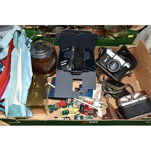 376 - THREE BOXES AND LOOSE METAL WARES, CAMERAS AND SUNDRY ITEMS, to include a Zenit-B camera fitted with... 