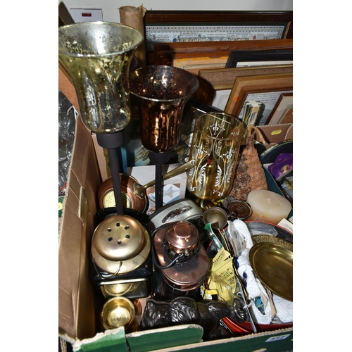 377 - TWO BOXES AND LOOSE PICTURES, METALWARES, AND SUNDRY HOUSEHOLD ITEMS, to include three early twentie... 