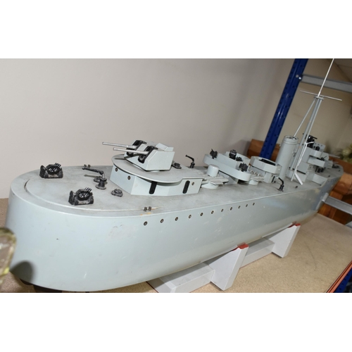 383 - A MOTORISED MODEL DESTROYER, the scratch built ship with brass hull, covered motor compartment and s... 