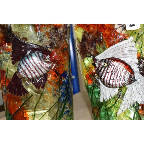 384 - A PAIR OF VINTAGE MURANO AQUARIUM WALL LIGHTS, both having a single fish swimming among pond weed, o... 