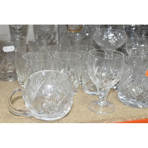 385 - A QUANTITY OF CUT CRYSTAL AND OTHER GLASS WARES, eighty to ninety pieces, to include a table lamp wi... 